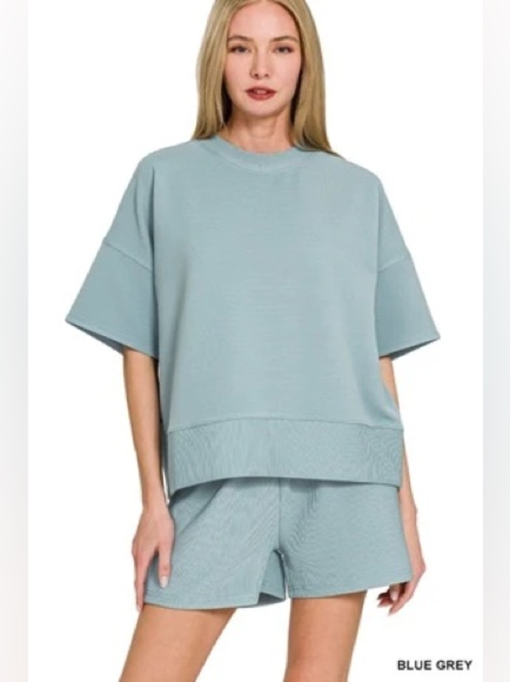 Zenana Light Gray Blue Slate Ribbed Short-Sleeve Top and Short Set